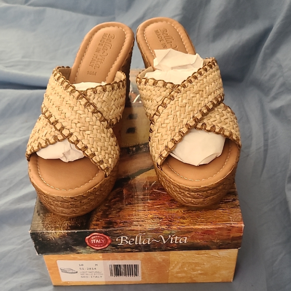 Bella Vita Beige Woven Platform Slides